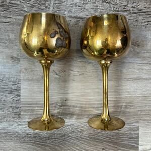 Sarna Brass Wine Goblets Set of 2 Gold Patina Vintage Barware India